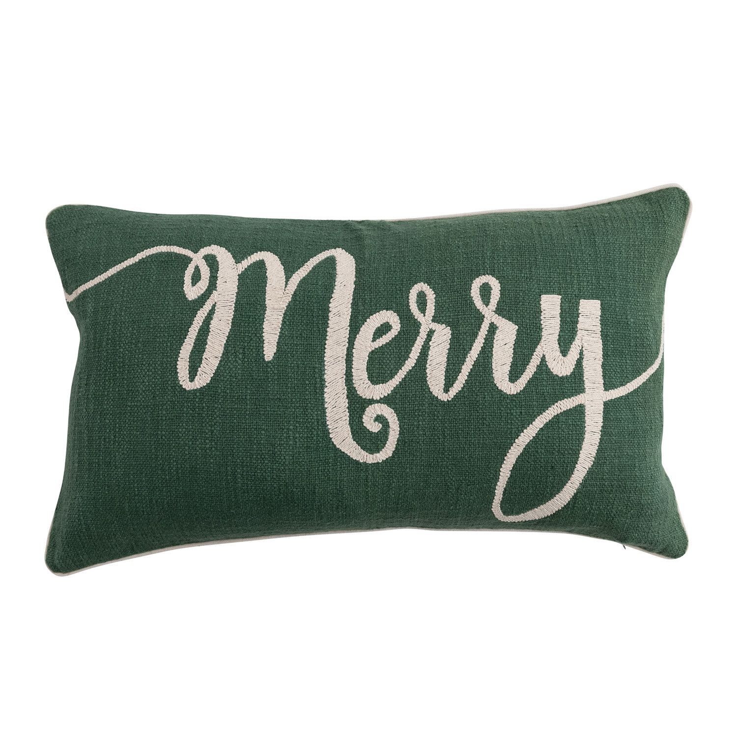 Cotton Slub Lumbar Pillow with Embroidered "Merry", Green &amp; Natural