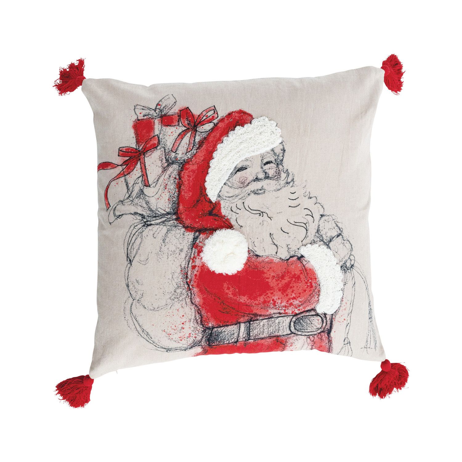 20" Square Pillow with Embroidered Image, Tufting, Pom Poms &amp; Tassels ©