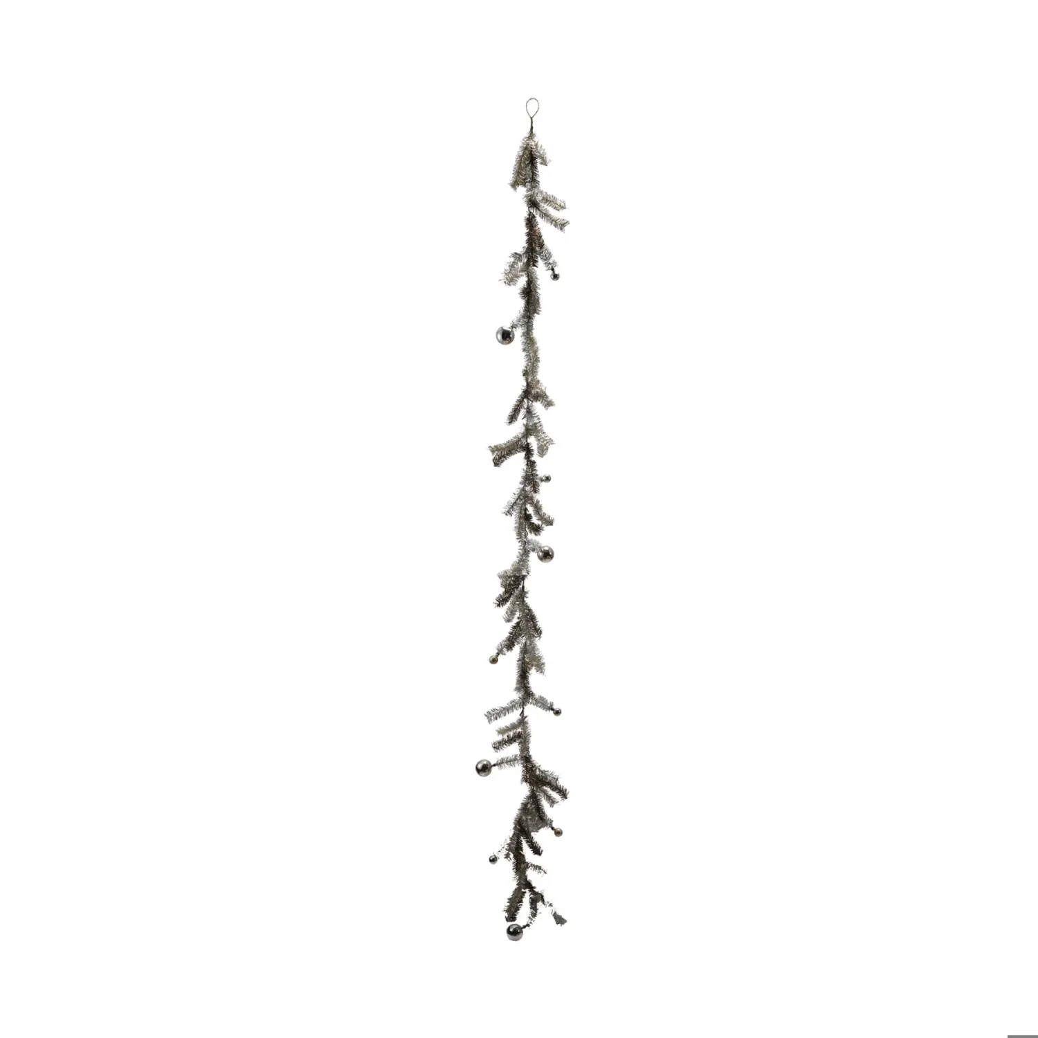 * TINSEL GARLAND W BALL ORNAMENTS SILVER