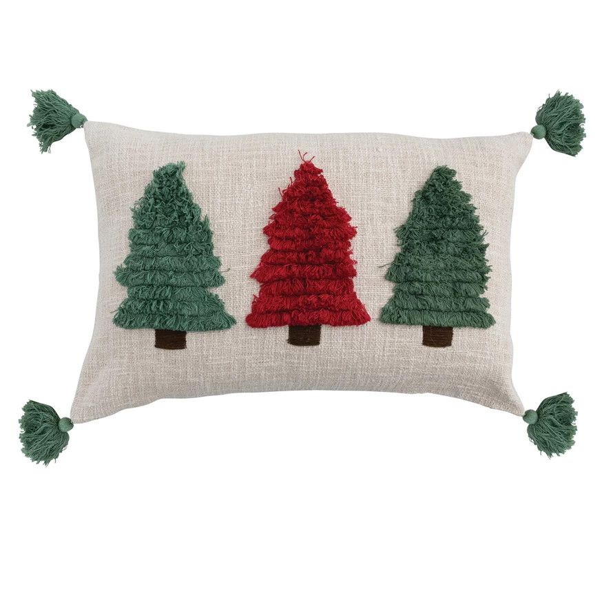 Lumbar Pillow with Embroidered Fringe Trees &amp; Tassels, Natural