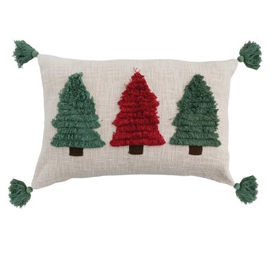 Lumbar Pillow with Embroidered Fringe Trees &amp; Tassels, Natural