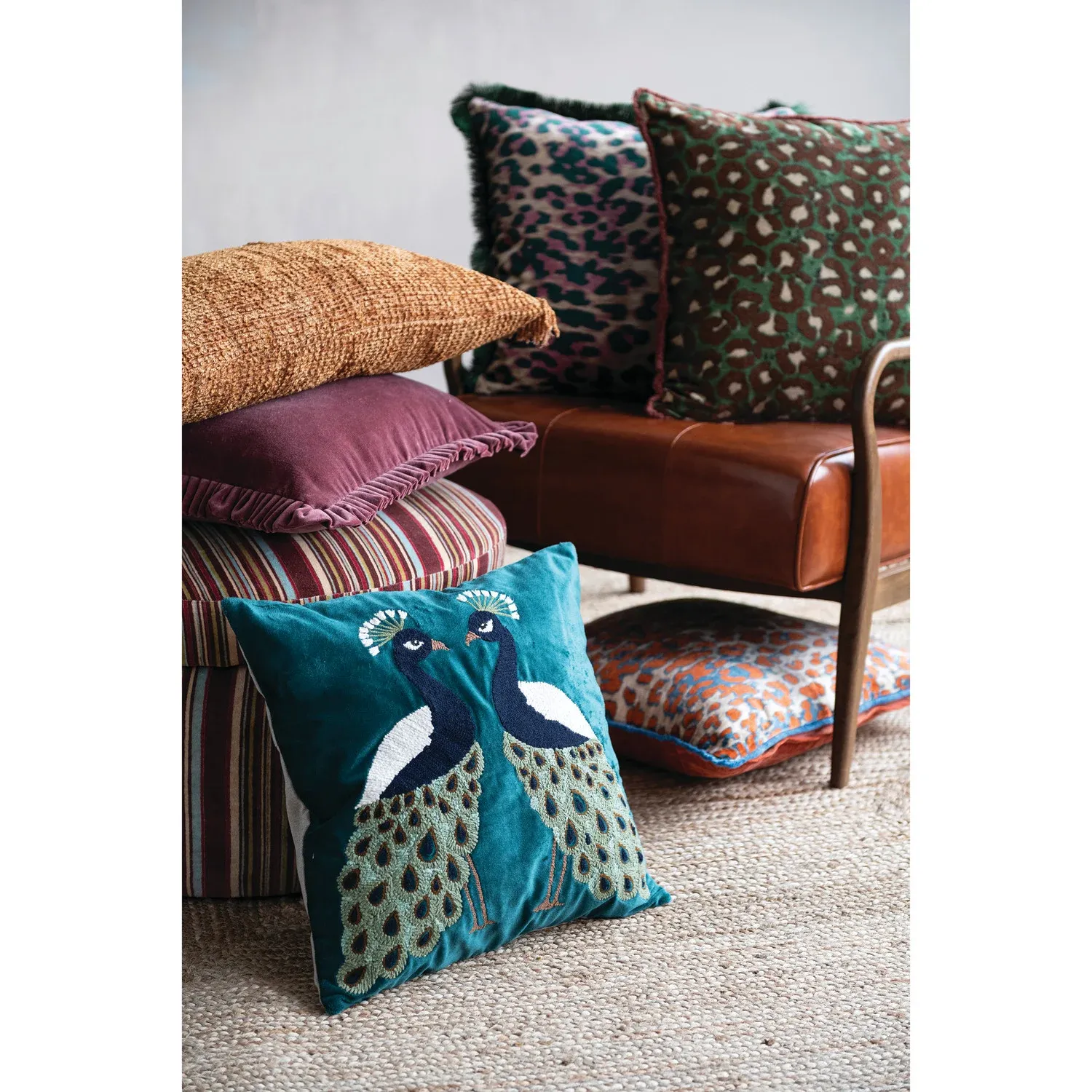 18" Square Cotton Velvet Pillow with Ruffle, Burgundy