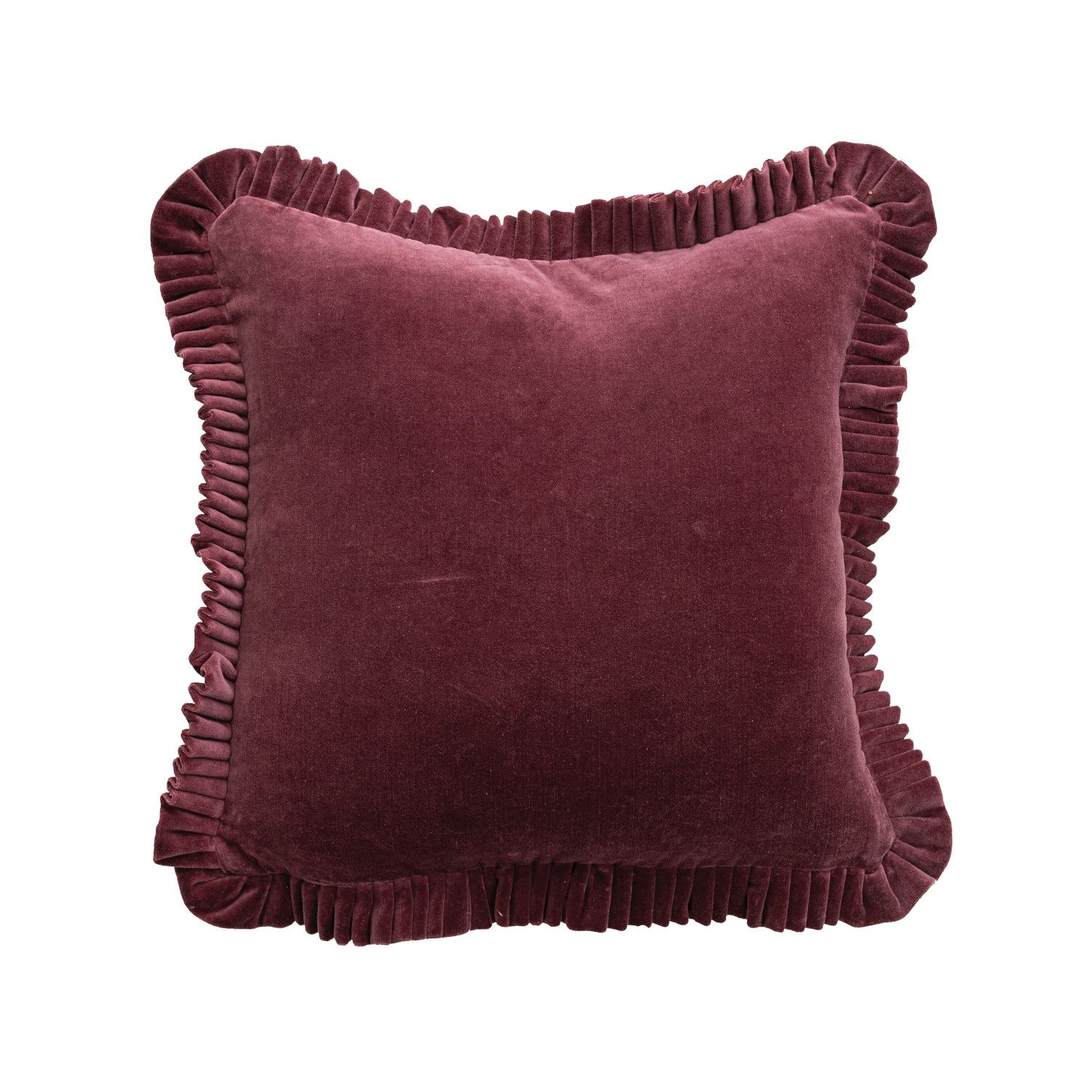 18" Square Cotton Velvet Pillow with Ruffle, Burgundy