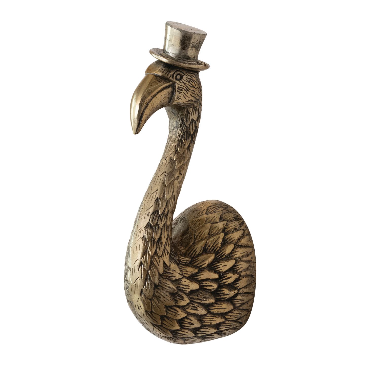Cast Aluminum Flamingo Head with Top Hat Wall decor, Antique Brass Finish