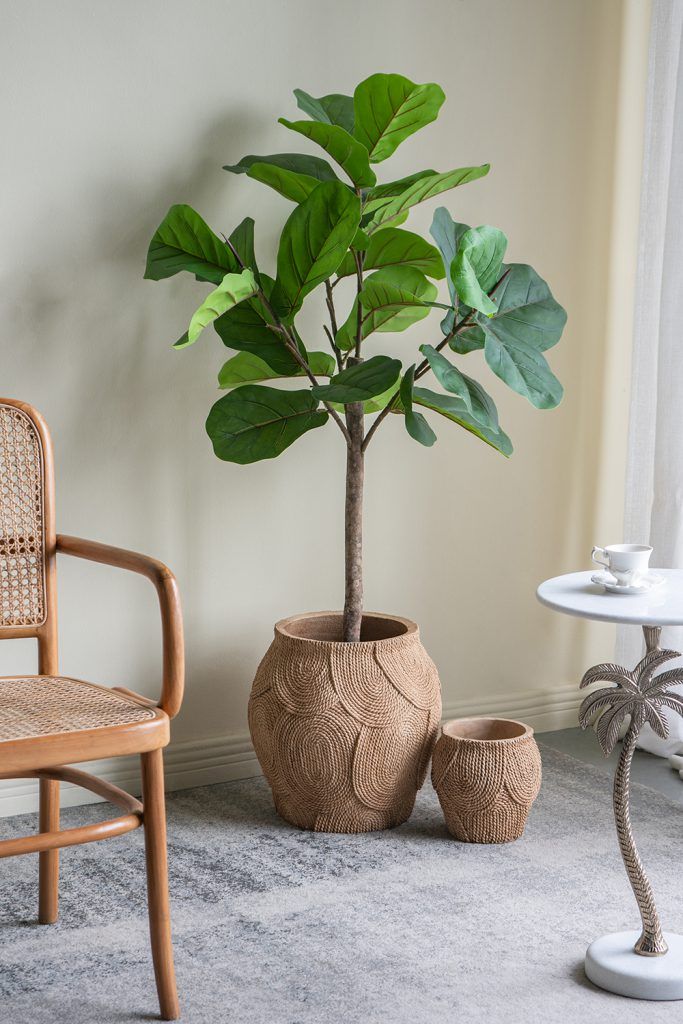 15" Round Sand and Cement Planter with Woven Brown Texture