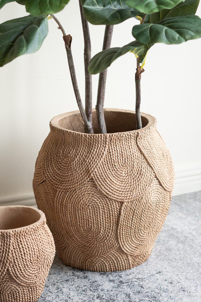 15" Round Sand and Cement Planter with Woven Brown Texture