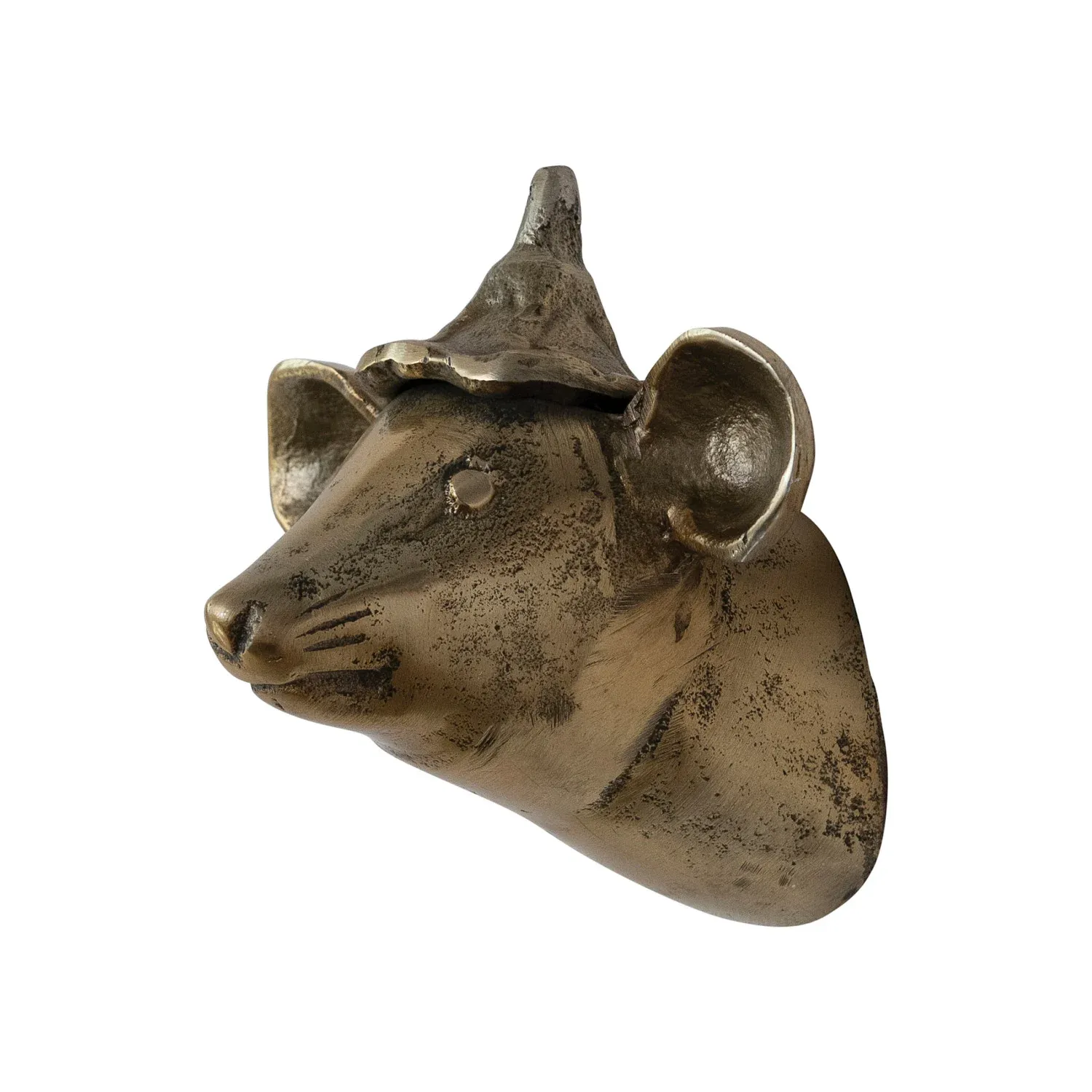 Cast Aluminum Mouse Head with Hat Wall decor, Antique Brass Finish