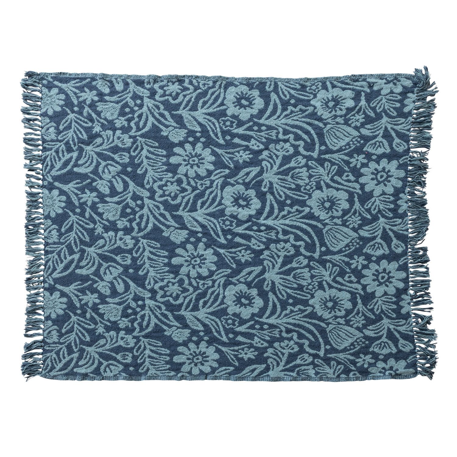 60"L x 50"W Blue Jacquard Throw with Floral Pattern &amp; Fringe