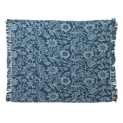 60"L x 50"W Blue Jacquard Throw with Floral Pattern &amp; Fringe