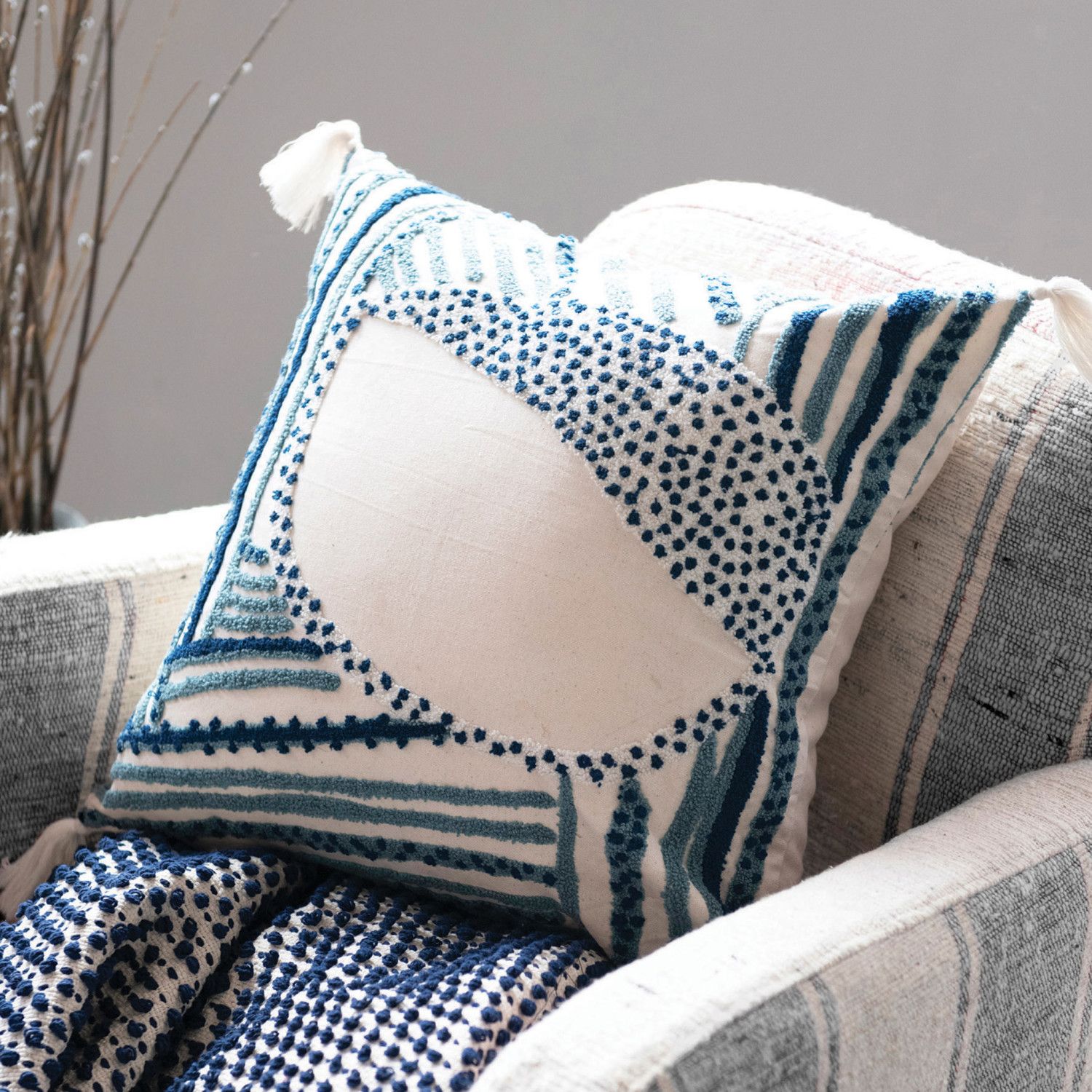 18in. Cotton Embroidered Pillow w/ Tassels