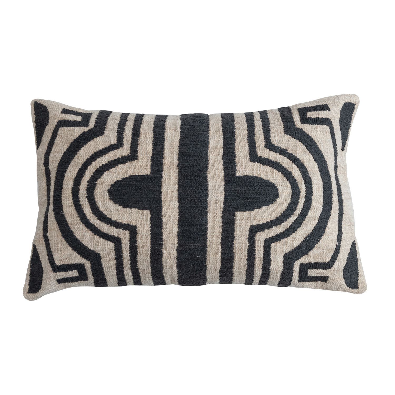 24x14 Black &amp; White Lumbar Pillow with Embroidered Line Design