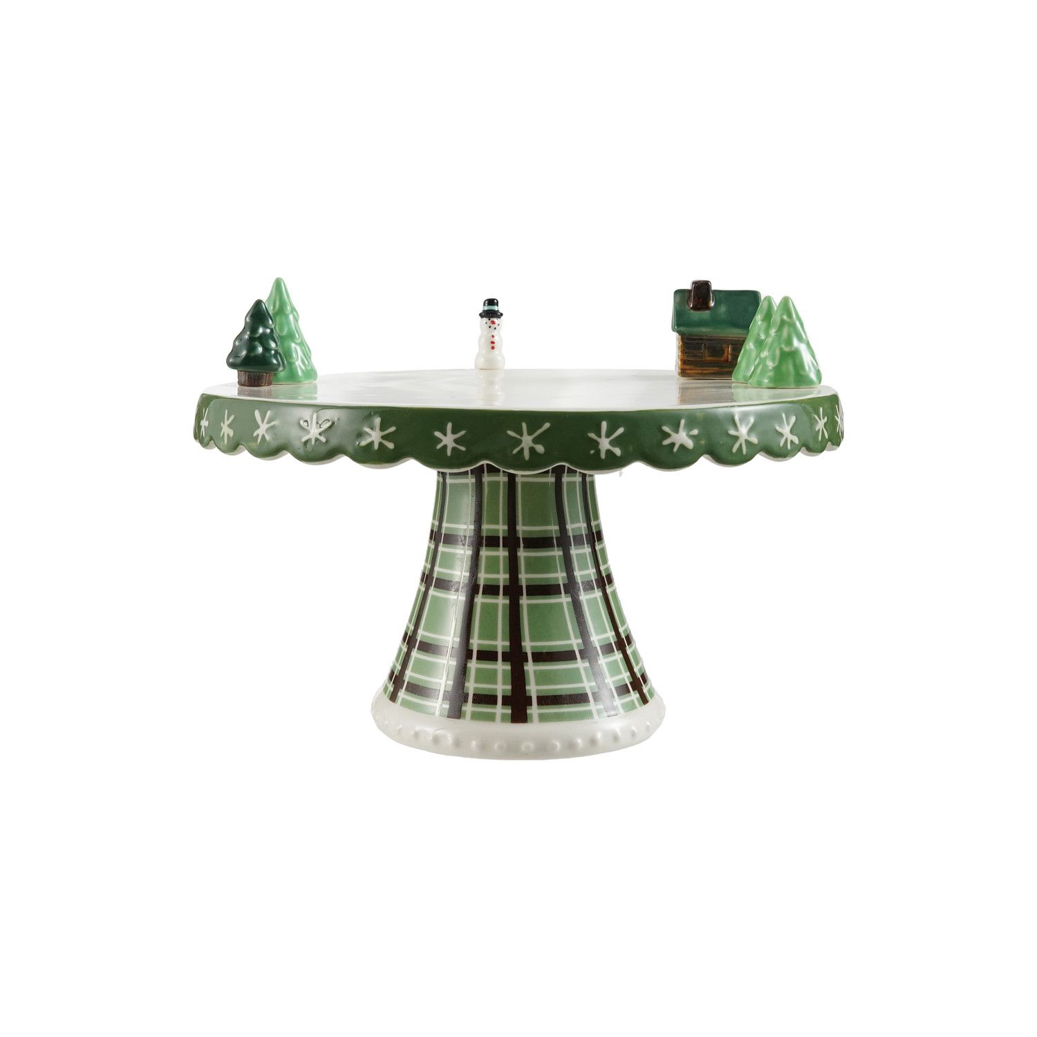 Stoneware Scalloped Pedestal with Plaid Pattern, 3D Trees, House &amp; Snowman ©