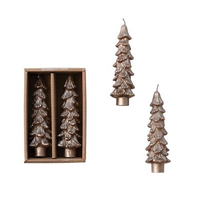 5"H Champagne Unscented Tree Shaped Taper Candles in Box, Set of 2