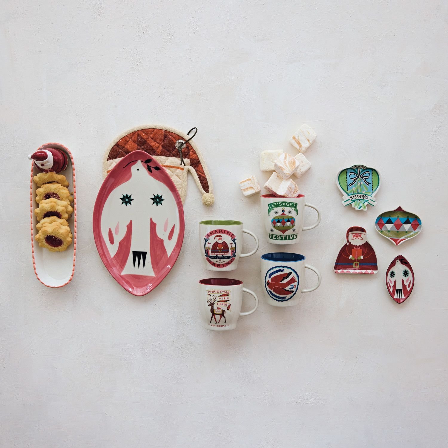 Ceramic Scalloped Cracker Dish with 3D Santa, Red, White &amp; Black