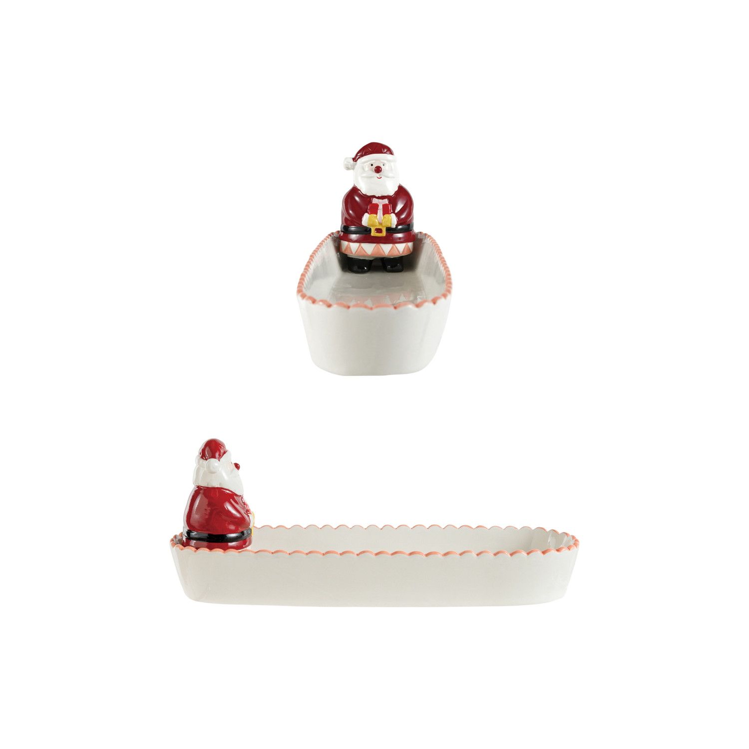 Ceramic Scalloped Cracker Dish with 3D Santa, Red, White &amp; Black
