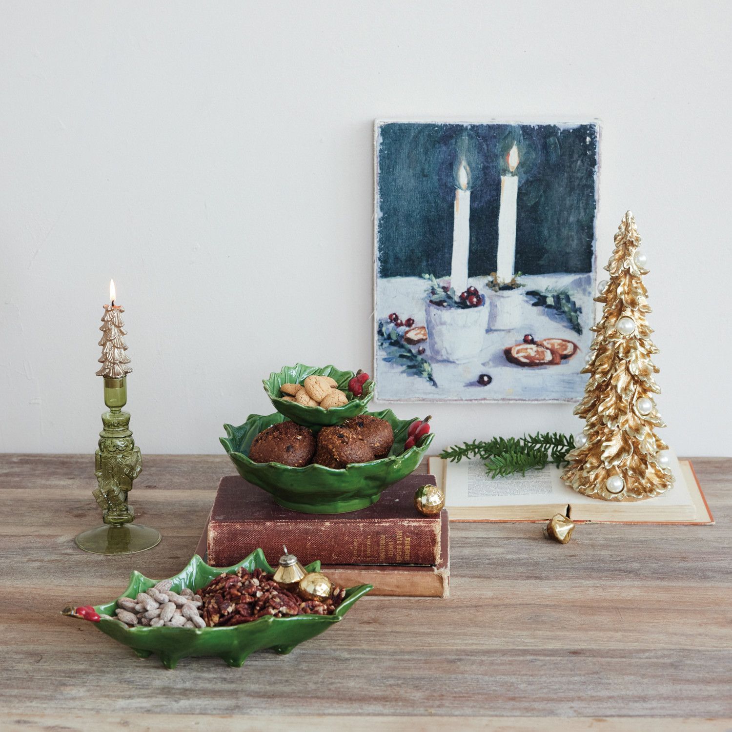 Holly Leaf Shaped Footed Tray with Berries, Green &amp; Red