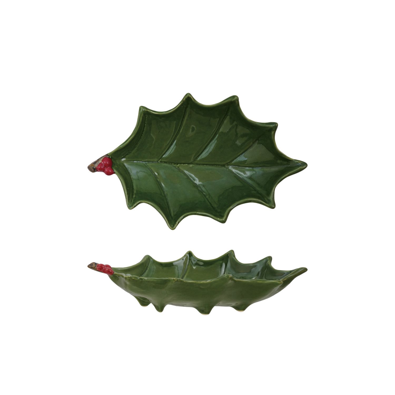 Holly Leaf Shaped Footed Tray with Berries, Green &amp; Red