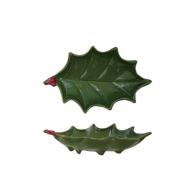 Holly Leaf Shaped Footed Tray with Berries, Green &amp; Red