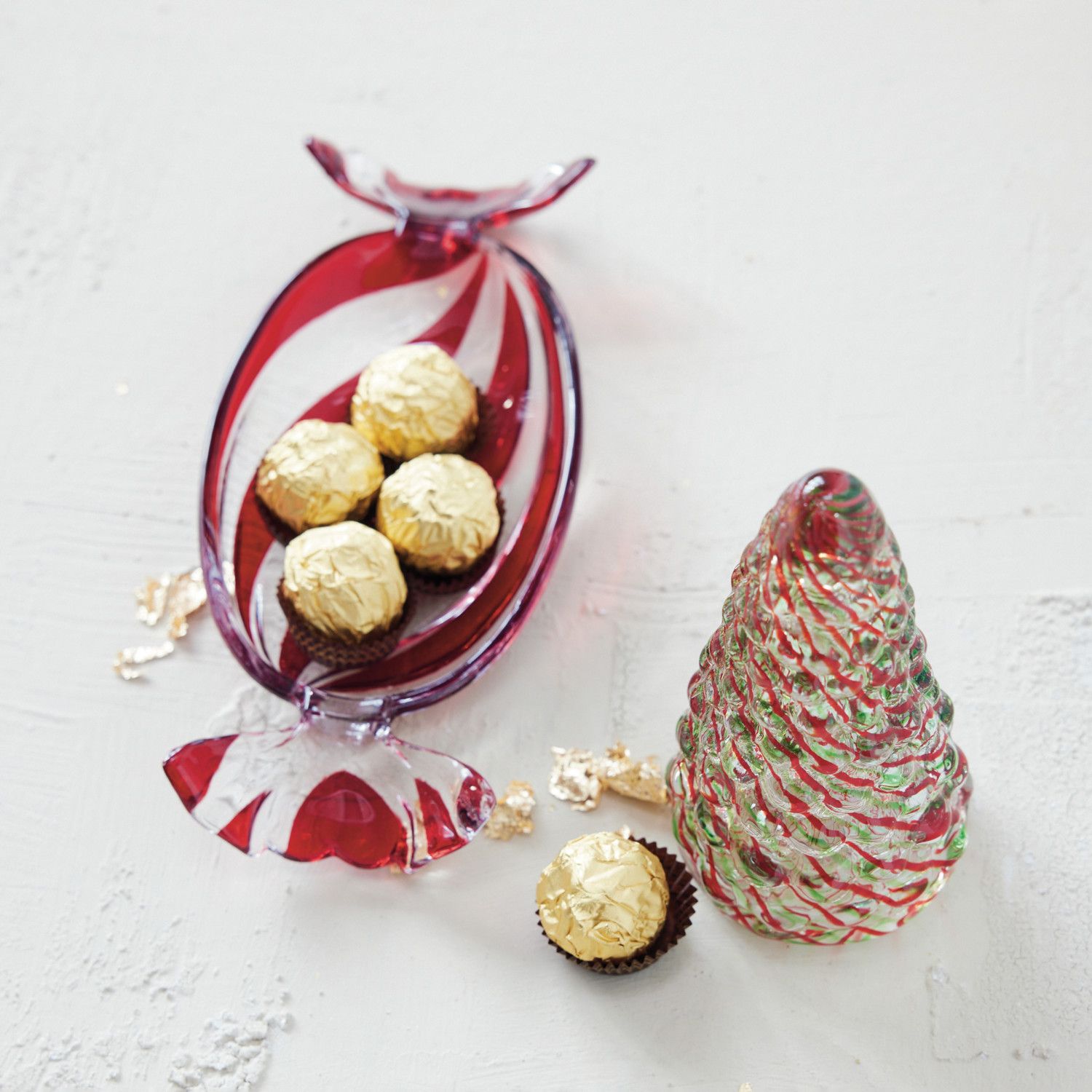 Glass Candy Shaped Dish with Stripes, Red