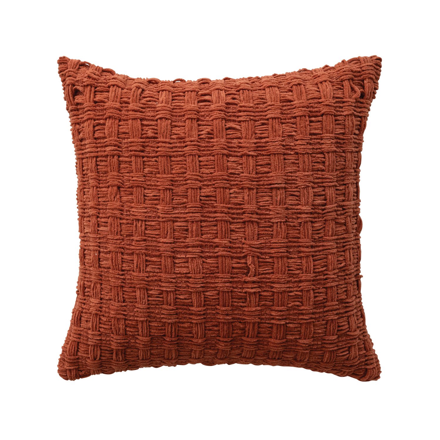 18" Square Woven Fabric Chenille Waffle Weave Pillow with Cotton Back, Rust Color