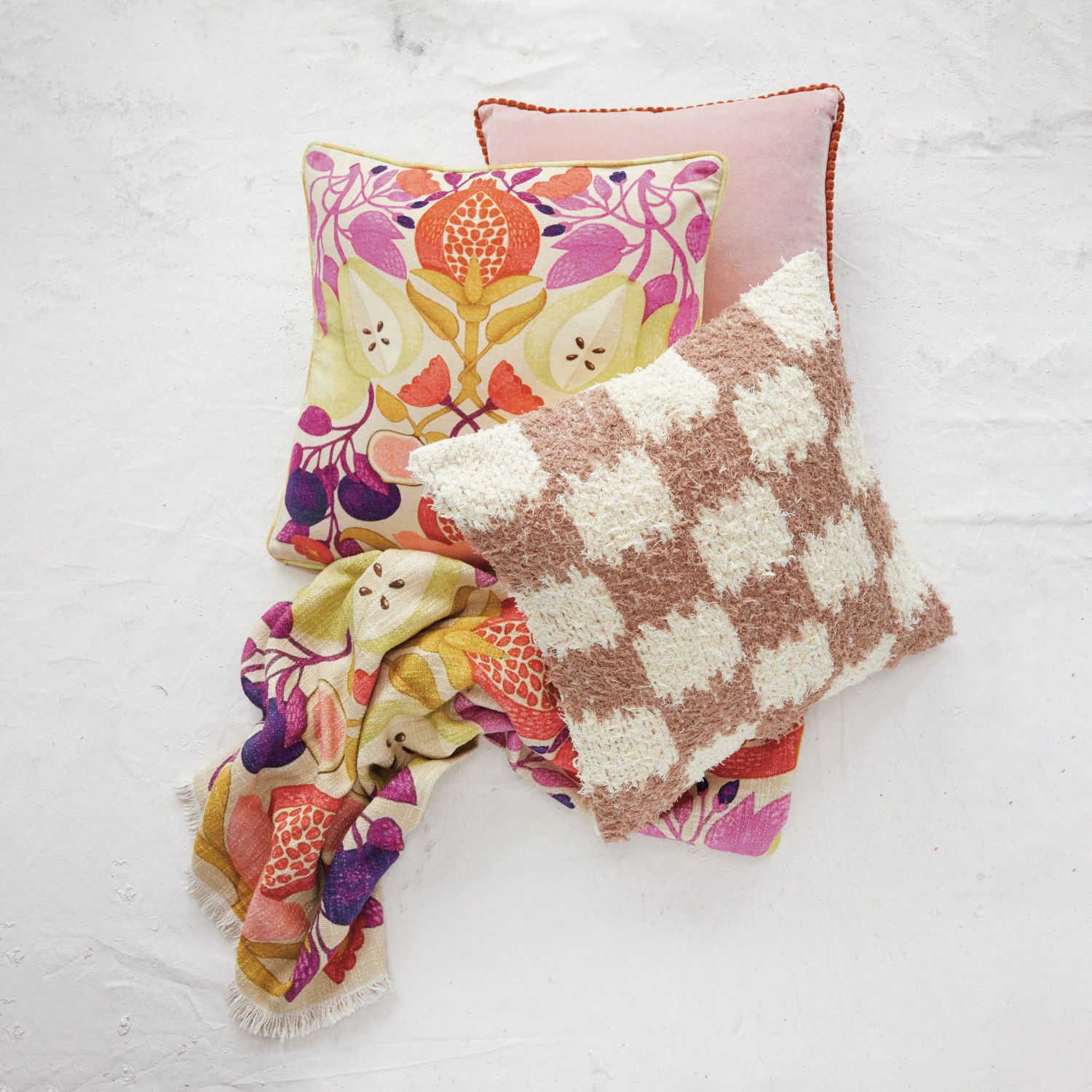 18" Square Cotton Velvet Pillow with Decorative Piping, Apricot Color &amp; Pink