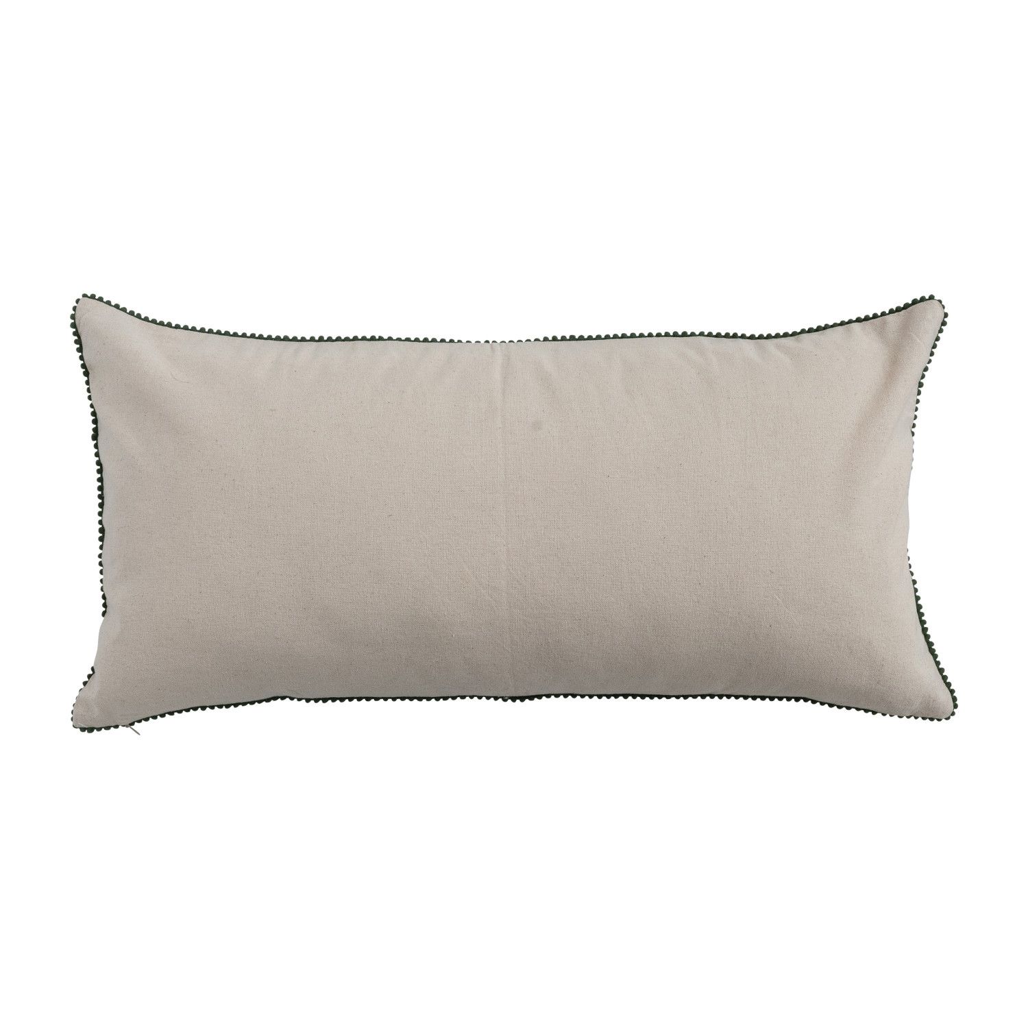 Cotton &amp; Linen Slub Printed Lumbar Pillow with Tree Pattern, Beads &amp; Mini Pom Pom Trim