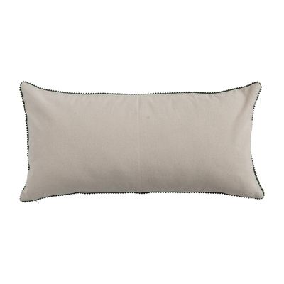 Cotton &amp; Linen Slub Printed Lumbar Pillow with Tree Pattern, Beads &amp; Mini Pom Pom Trim