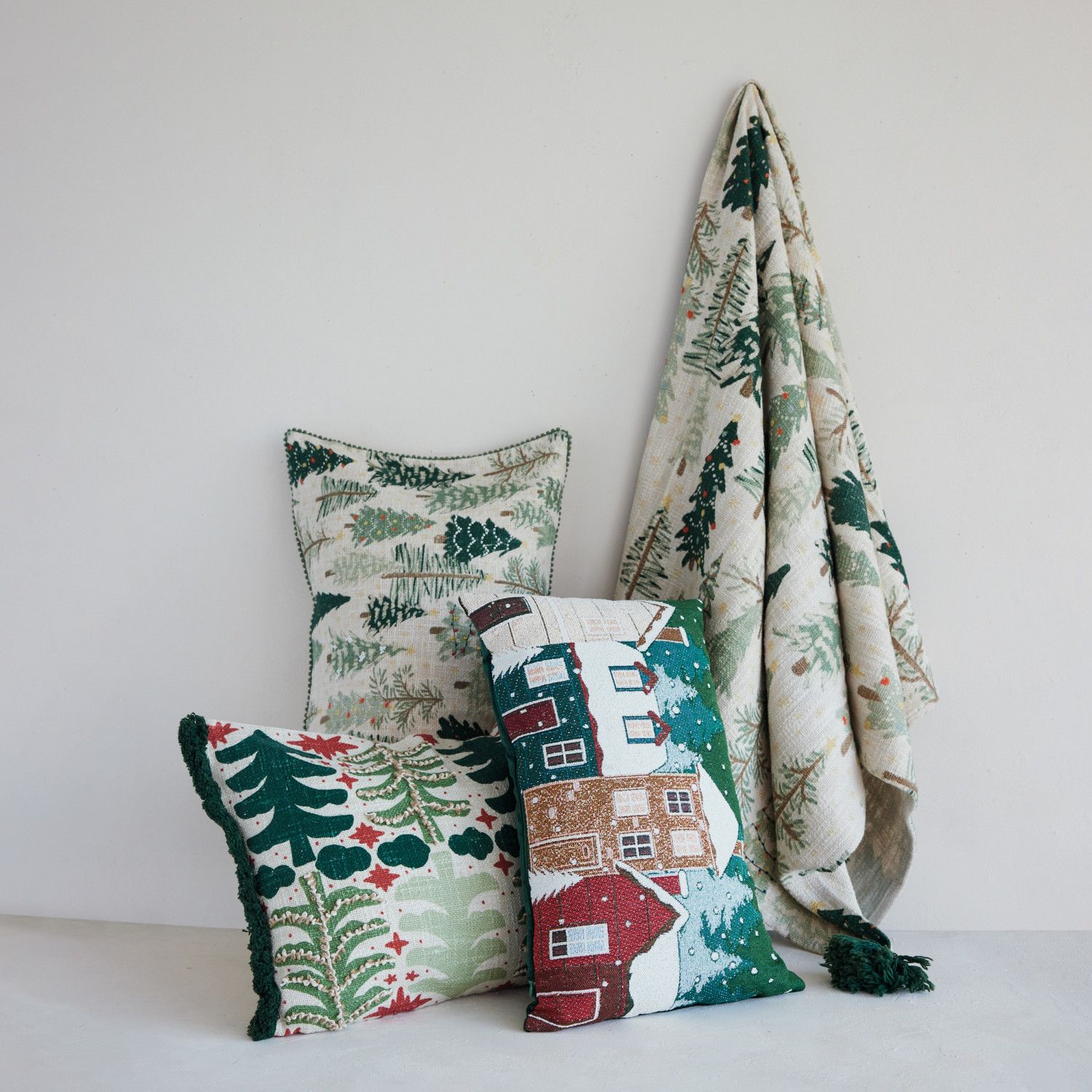 Cotton &amp; Linen Slub Printed Lumbar Pillow with Tree Pattern, Beads &amp; Mini Pom Pom Trim