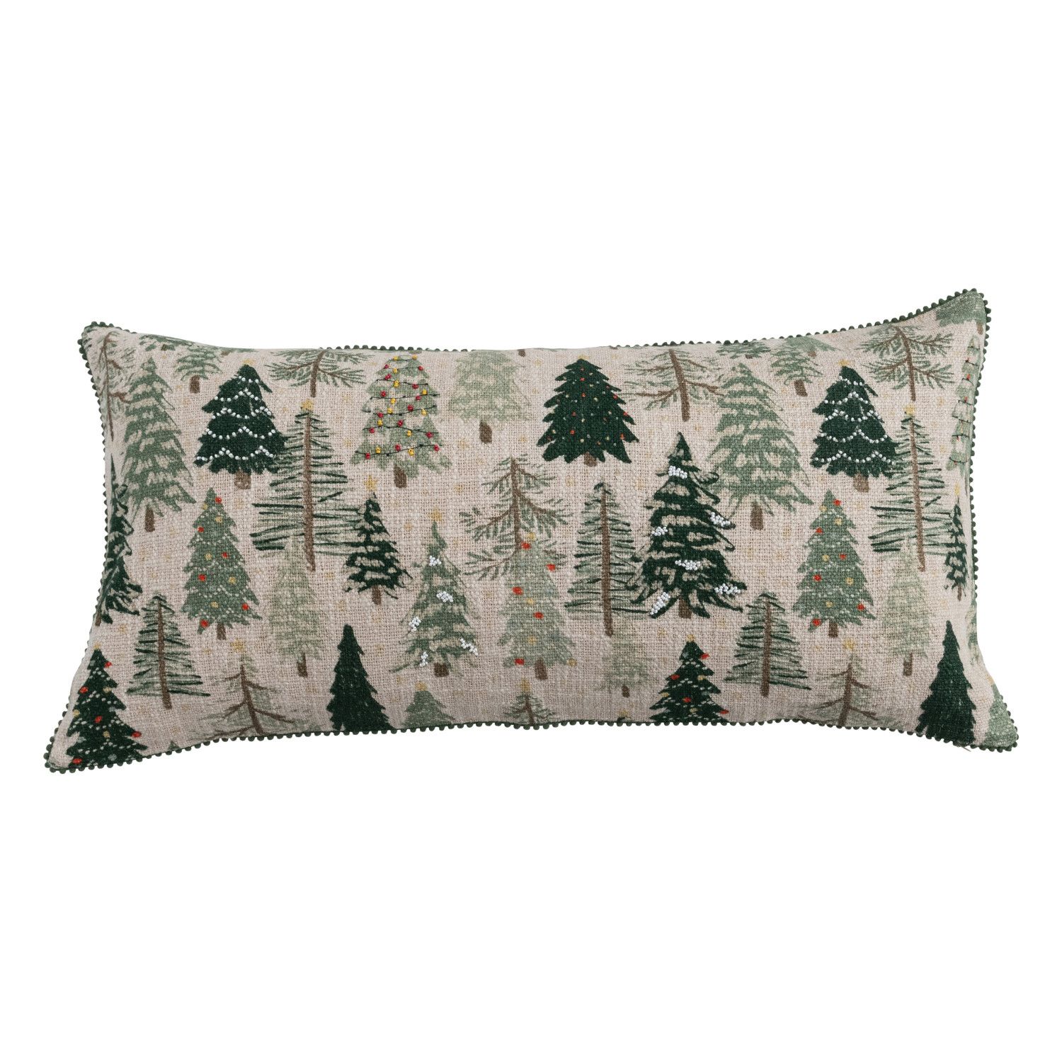 Cotton &amp; Linen Slub Printed Lumbar Pillow with Tree Pattern, Beads &amp; Mini Pom Pom Trim