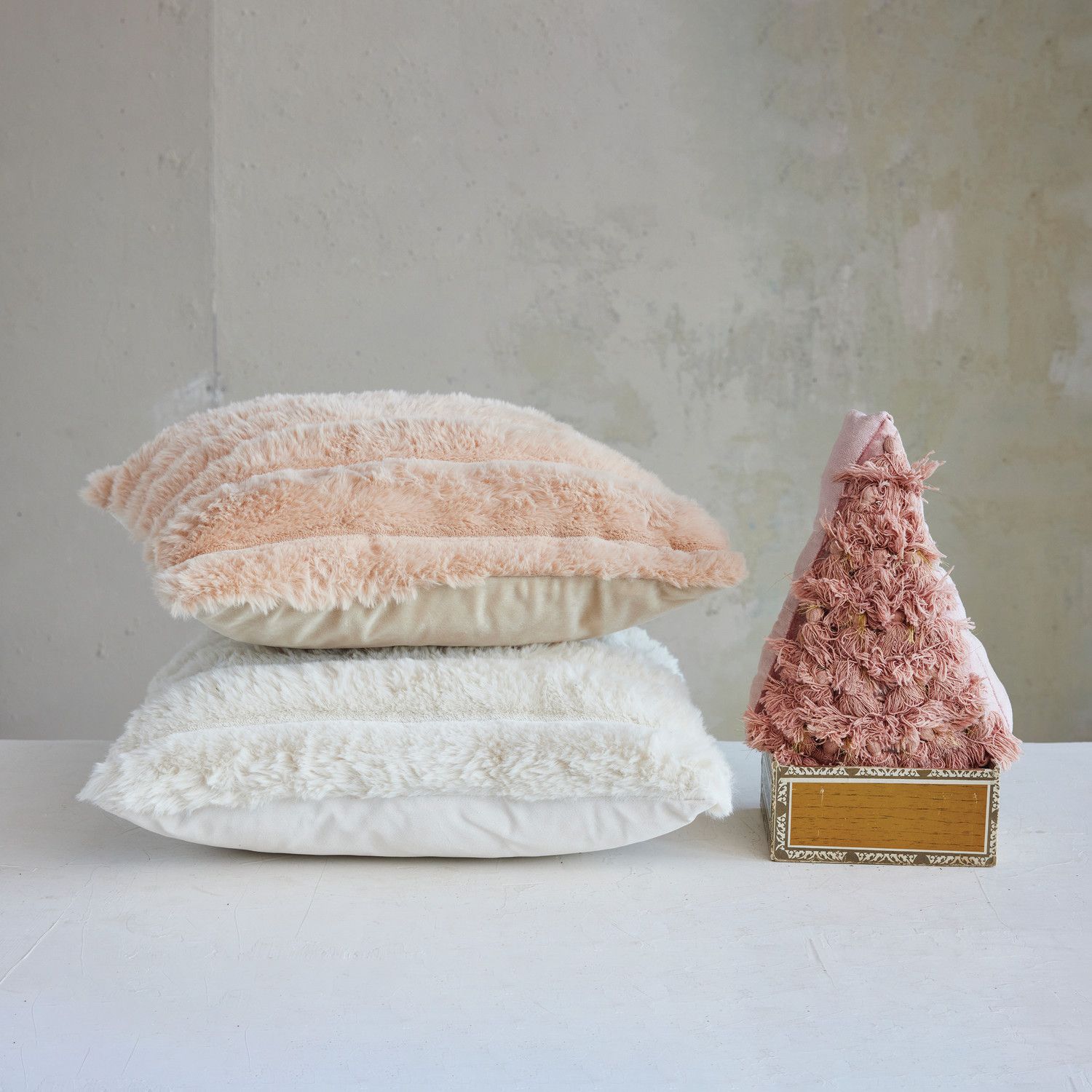 18" Square Faux Fur Pillow with Channel Stitch &amp; Velvet Back