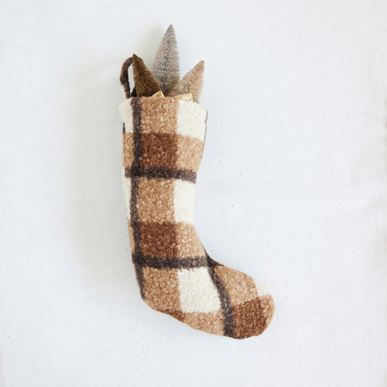 20"H Fabric Faux Sherpa Stocking, Brown Plaid