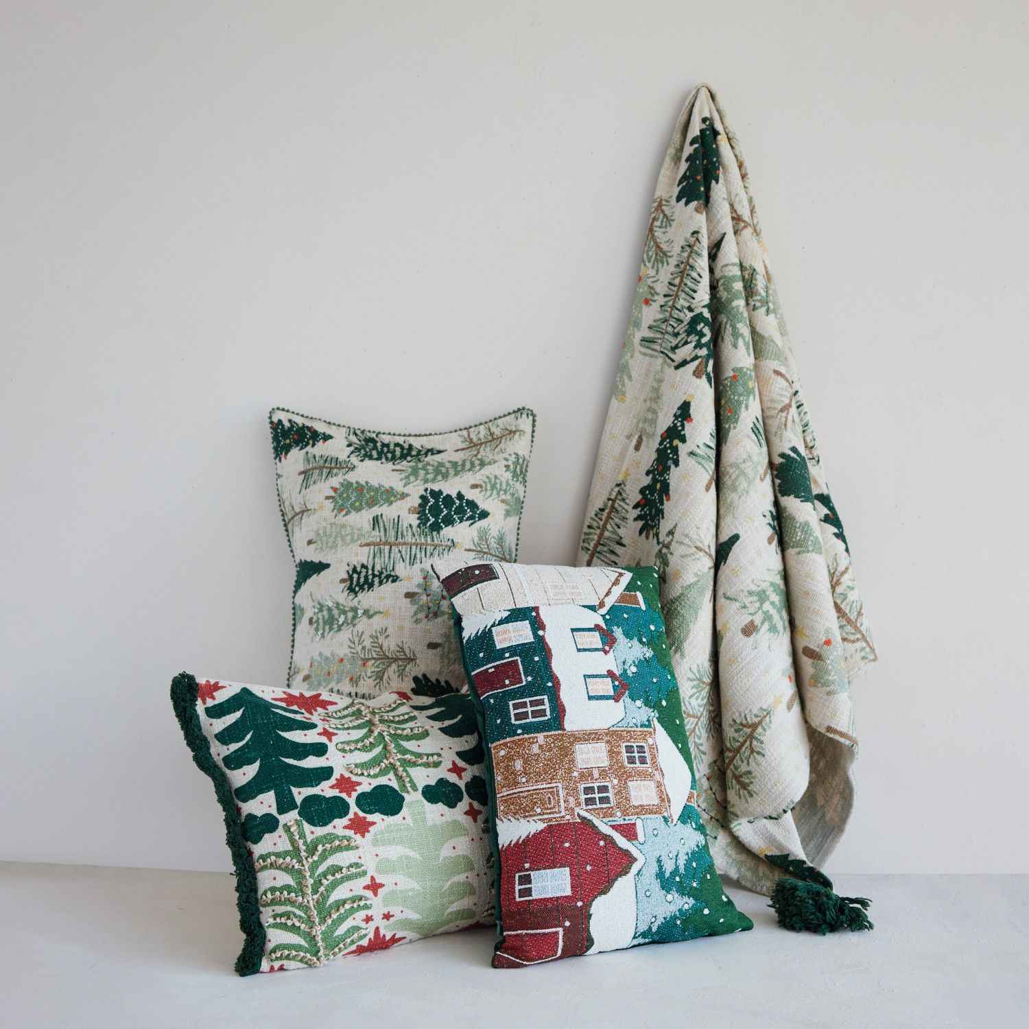Cotton Printed Throw with Tree Pattern &amp; Tassels