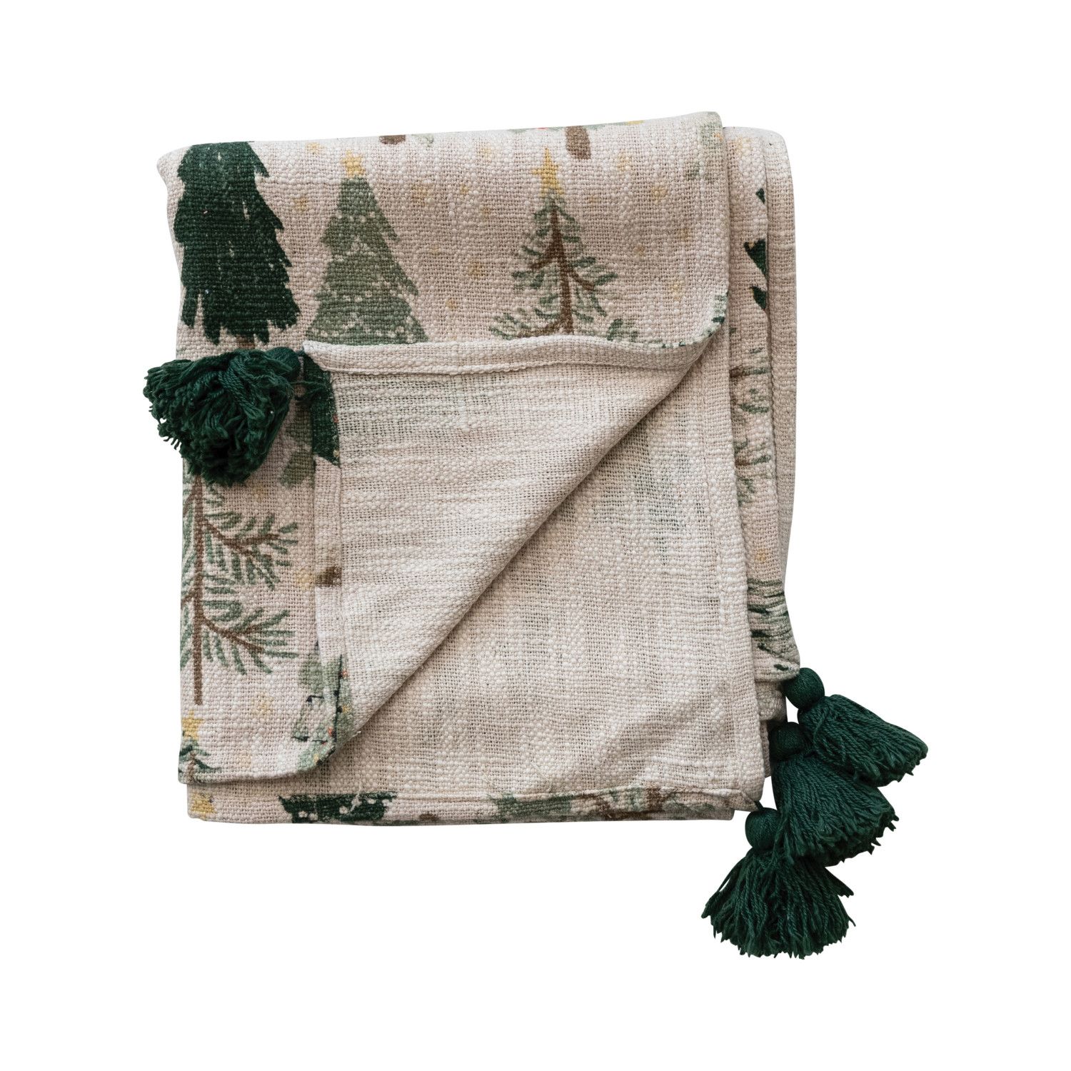 Cotton Printed Throw with Tree Pattern &amp; Tassels