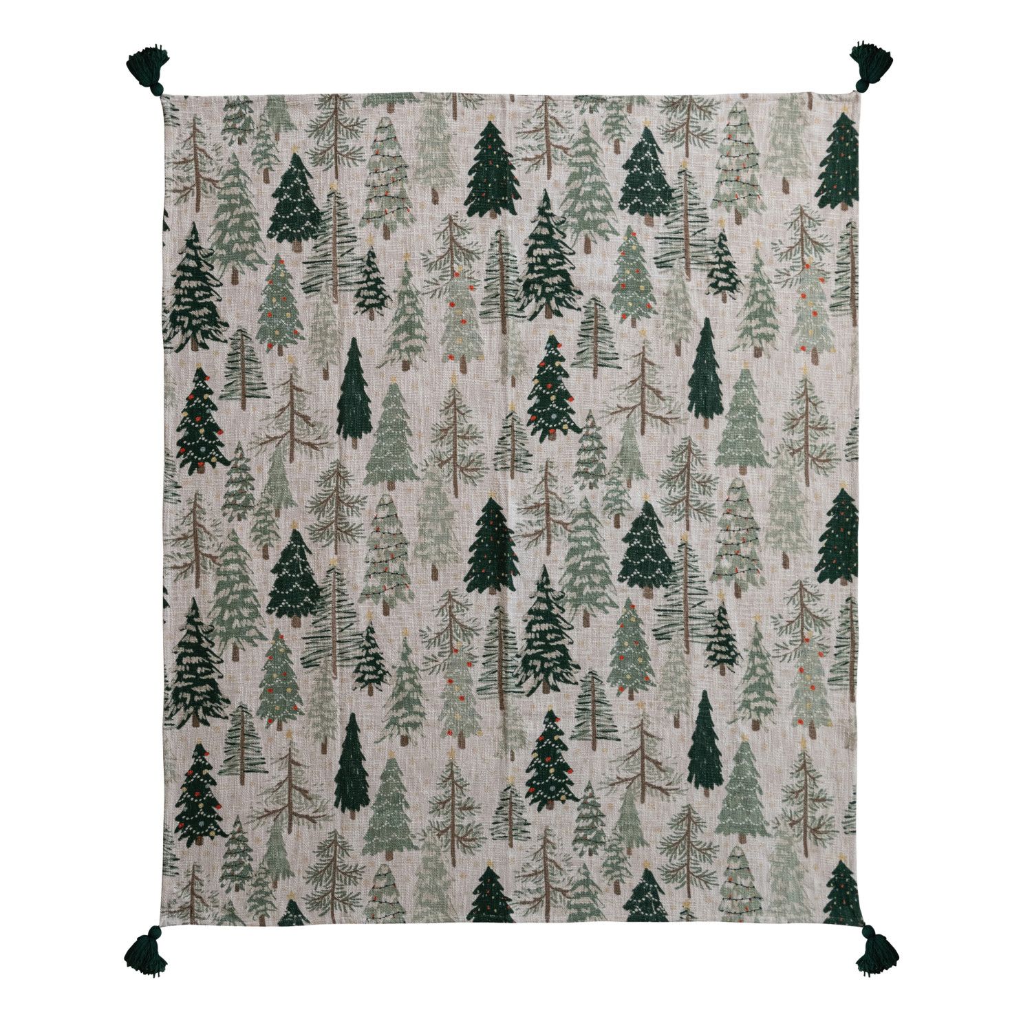 Cotton Printed Throw with Tree Pattern &amp; Tassels