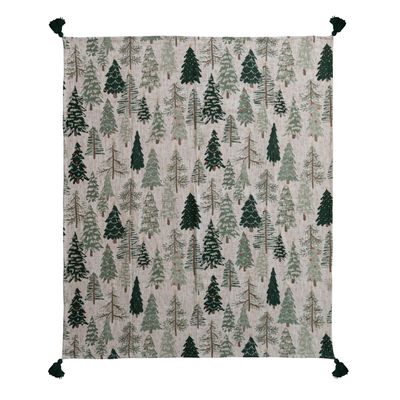 Cotton Printed Throw with Tree Pattern &amp; Tassels