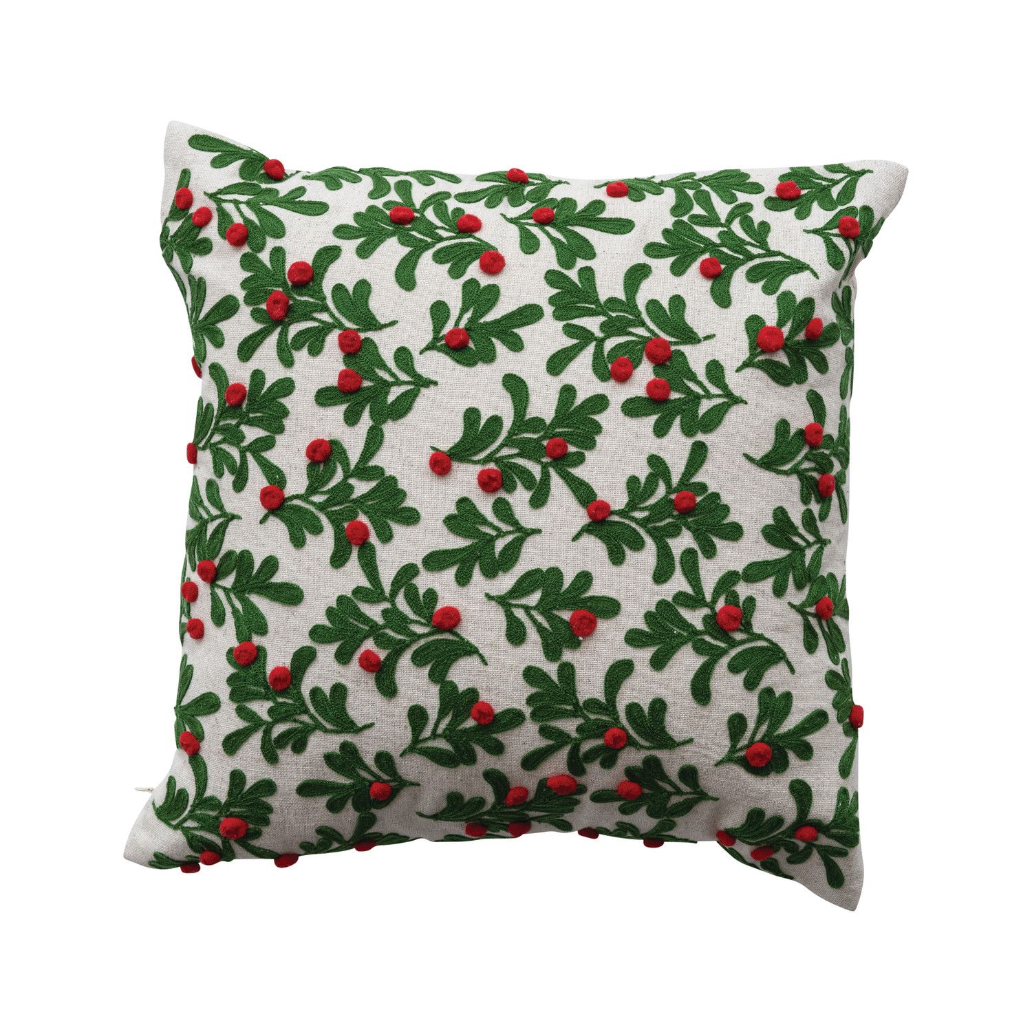 16" Square Cotton &amp; Linen Pillow with Embroidered Mistletoe Pattern