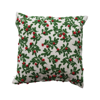 16" Square Cotton &amp; Linen Pillow with Embroidered Mistletoe Pattern