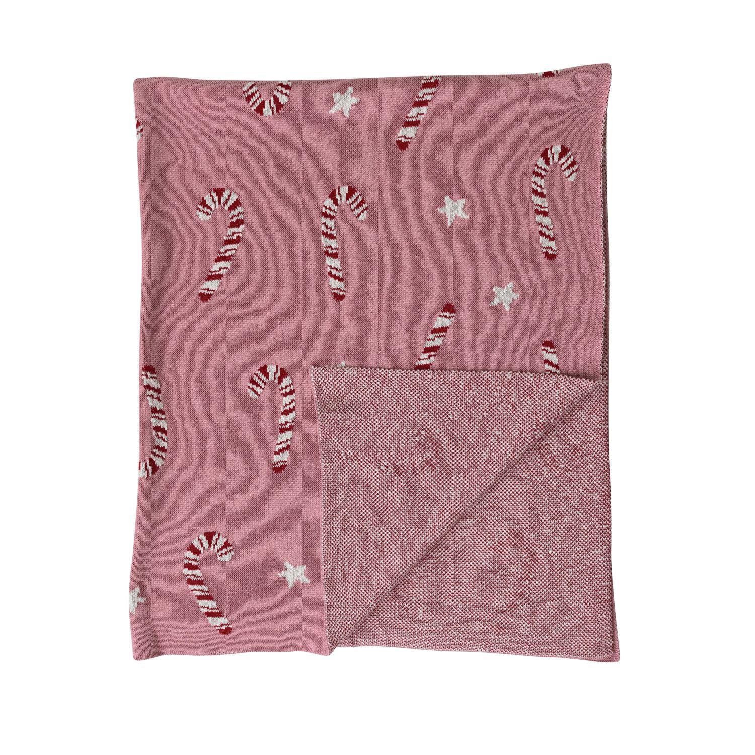 Cotton Knit Throw with Candy Cane &amp; Star Pattern, Pink, Red &amp; White