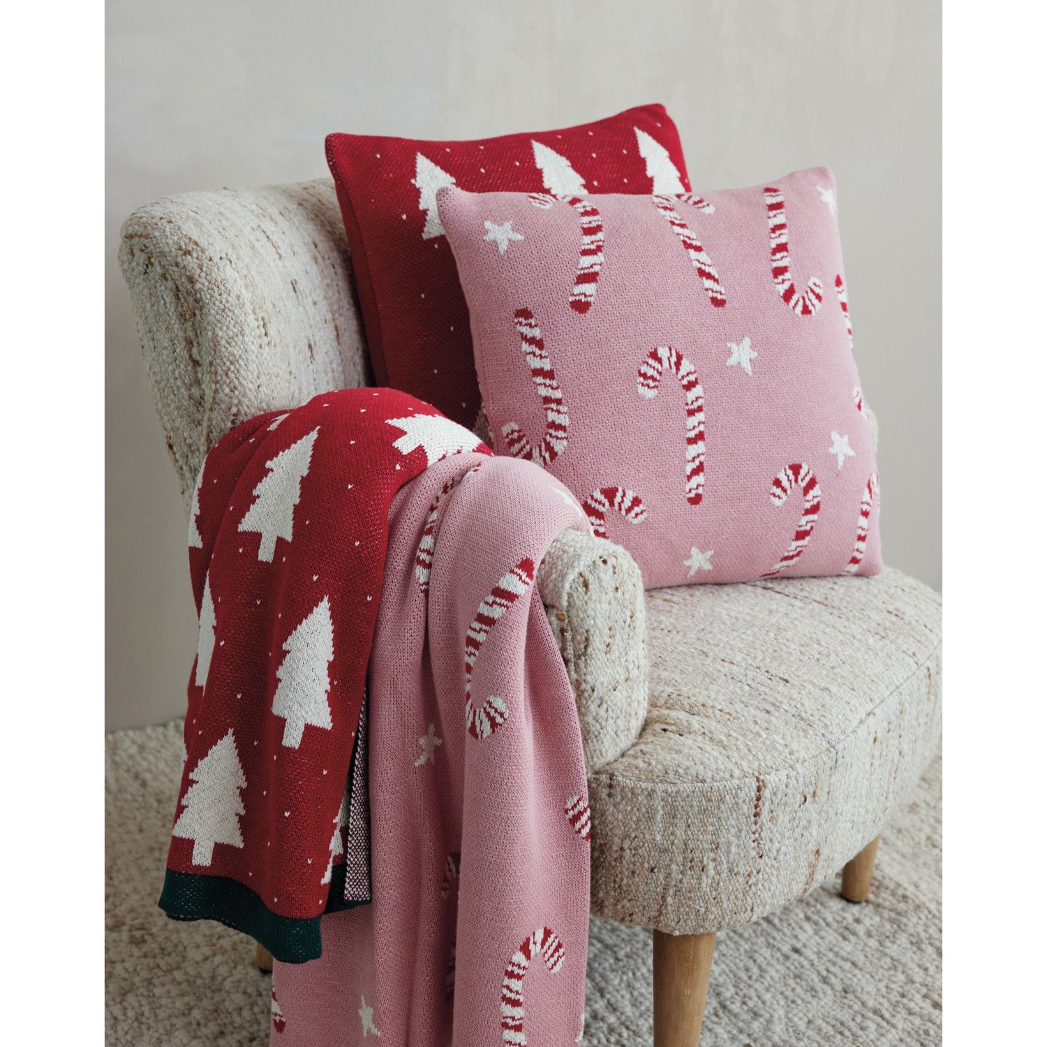 Cotton Knit Throw with Candy Cane &amp; Star Pattern, Pink, Red &amp; White