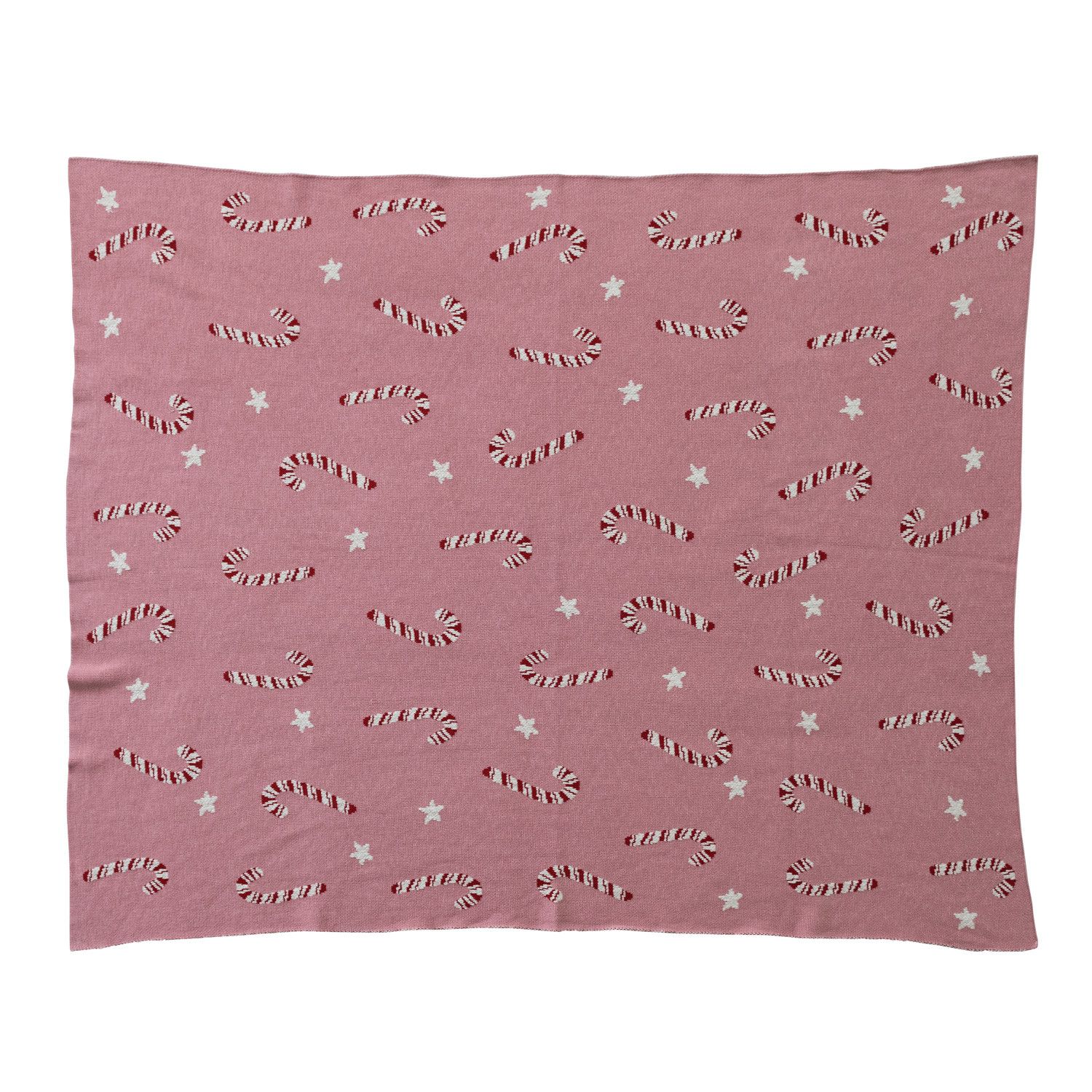 Cotton Knit Throw with Candy Cane &amp; Star Pattern, Pink, Red &amp; White