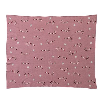 Cotton Knit Throw with Candy Cane &amp; Star Pattern, Pink, Red &amp; White