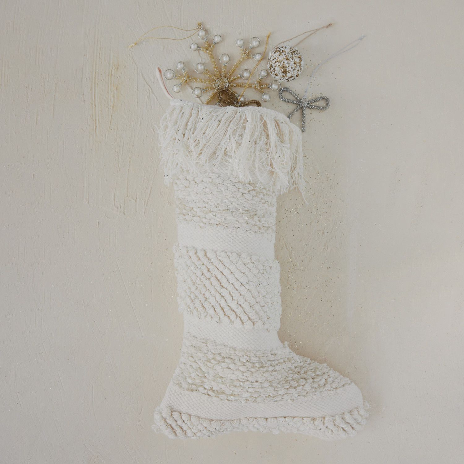 Woven Cotton &amp; Fabric Blend Striped Stocking with Metallic Gold Thread Embroidery &amp; Fringe