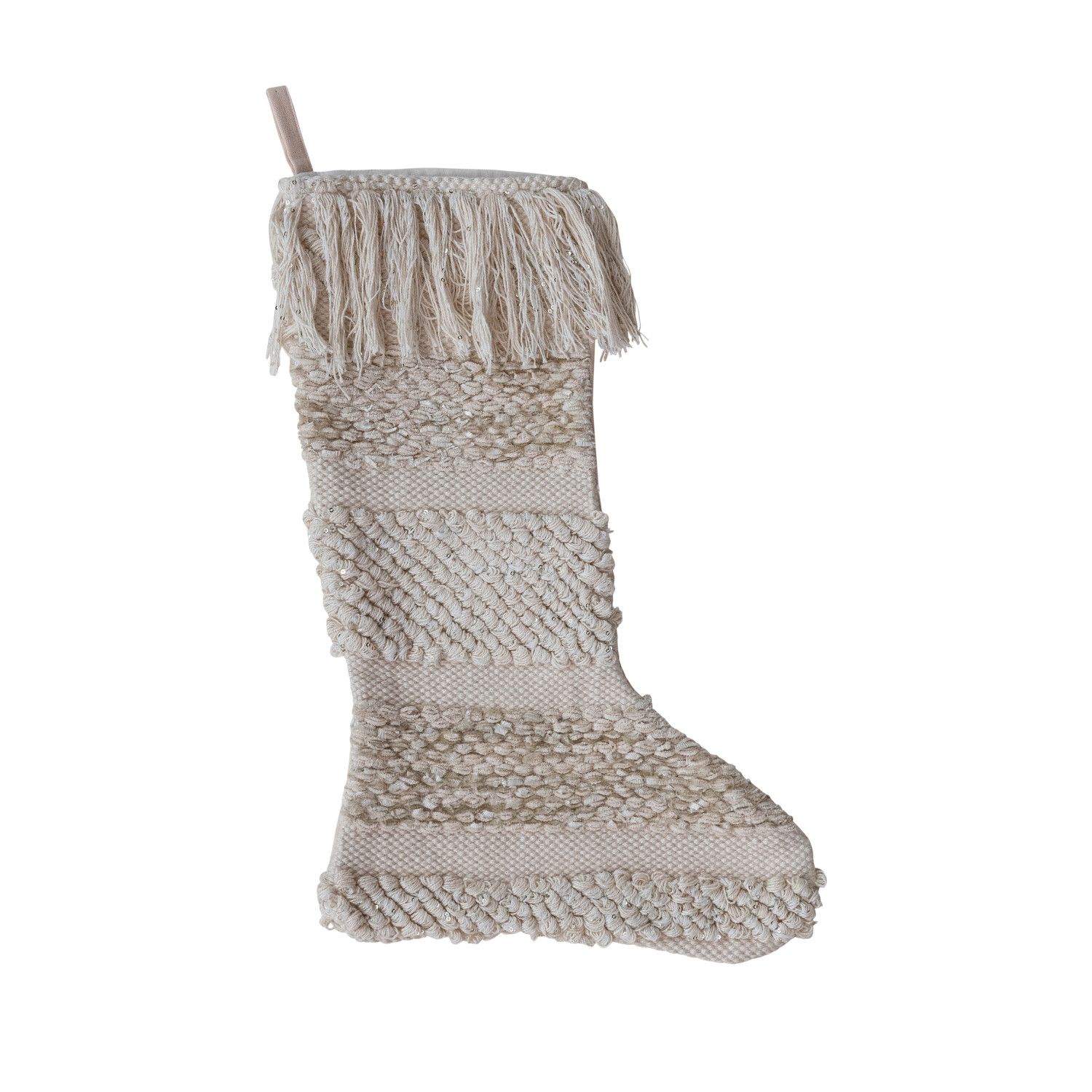 Woven Cotton &amp; Fabric Blend Striped Stocking with Metallic Gold Thread Embroidery &amp; Fringe