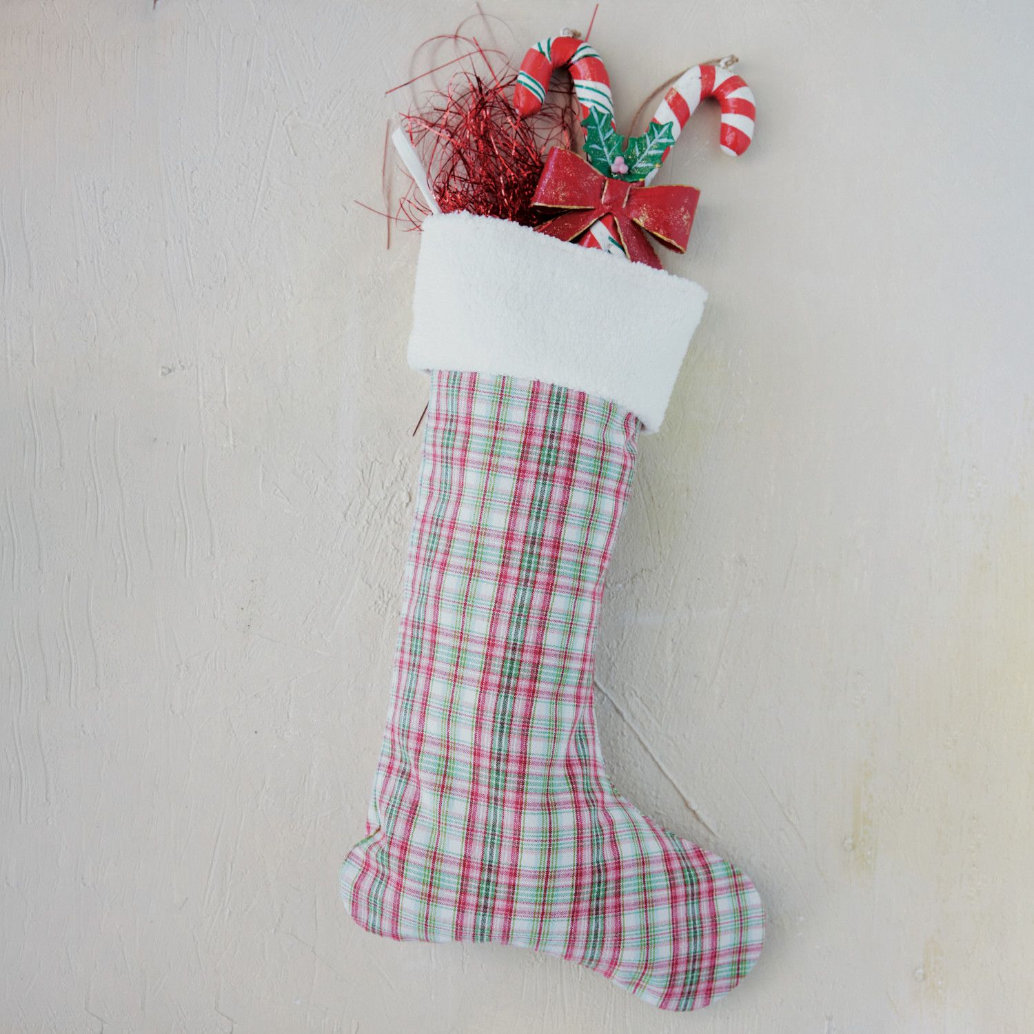 Woven Cotton 2-Sided Stocking with Plaid Pattern &amp; Faux Sherpa Cuff &amp; White