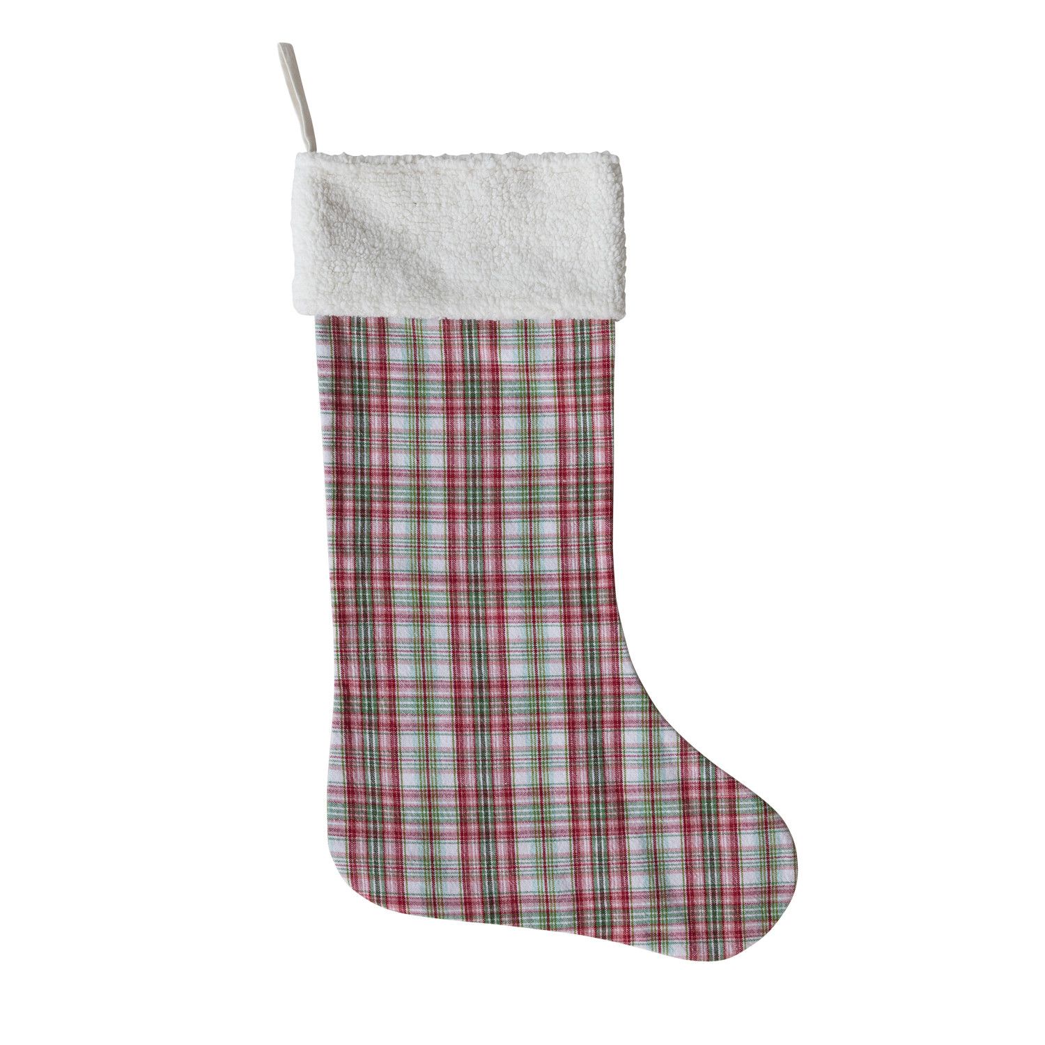 Woven Cotton 2-Sided Stocking with Plaid Pattern &amp; Faux Sherpa Cuff &amp; White