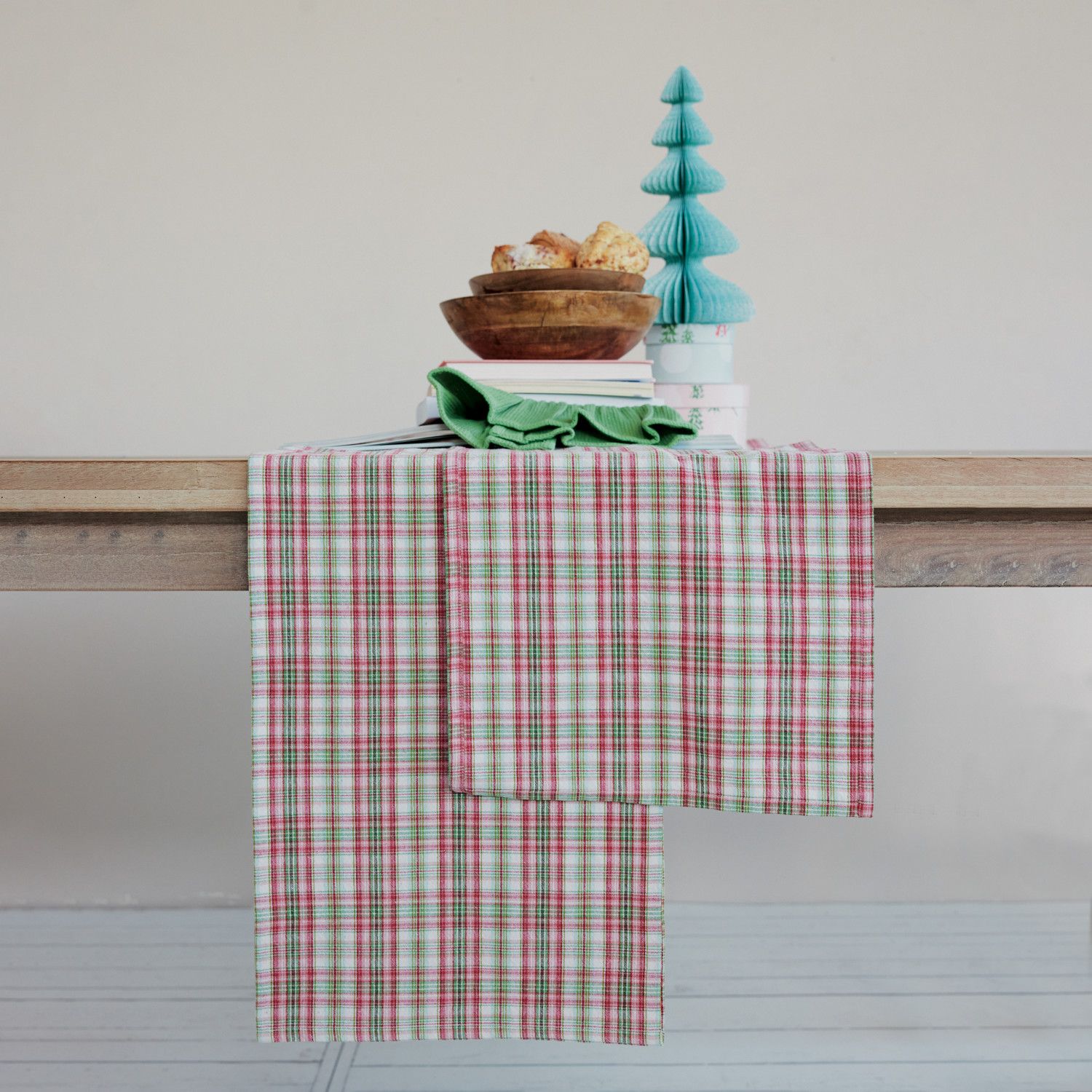 108"L x 14"W Woven Cotton Table Runner with Plaid Pattern