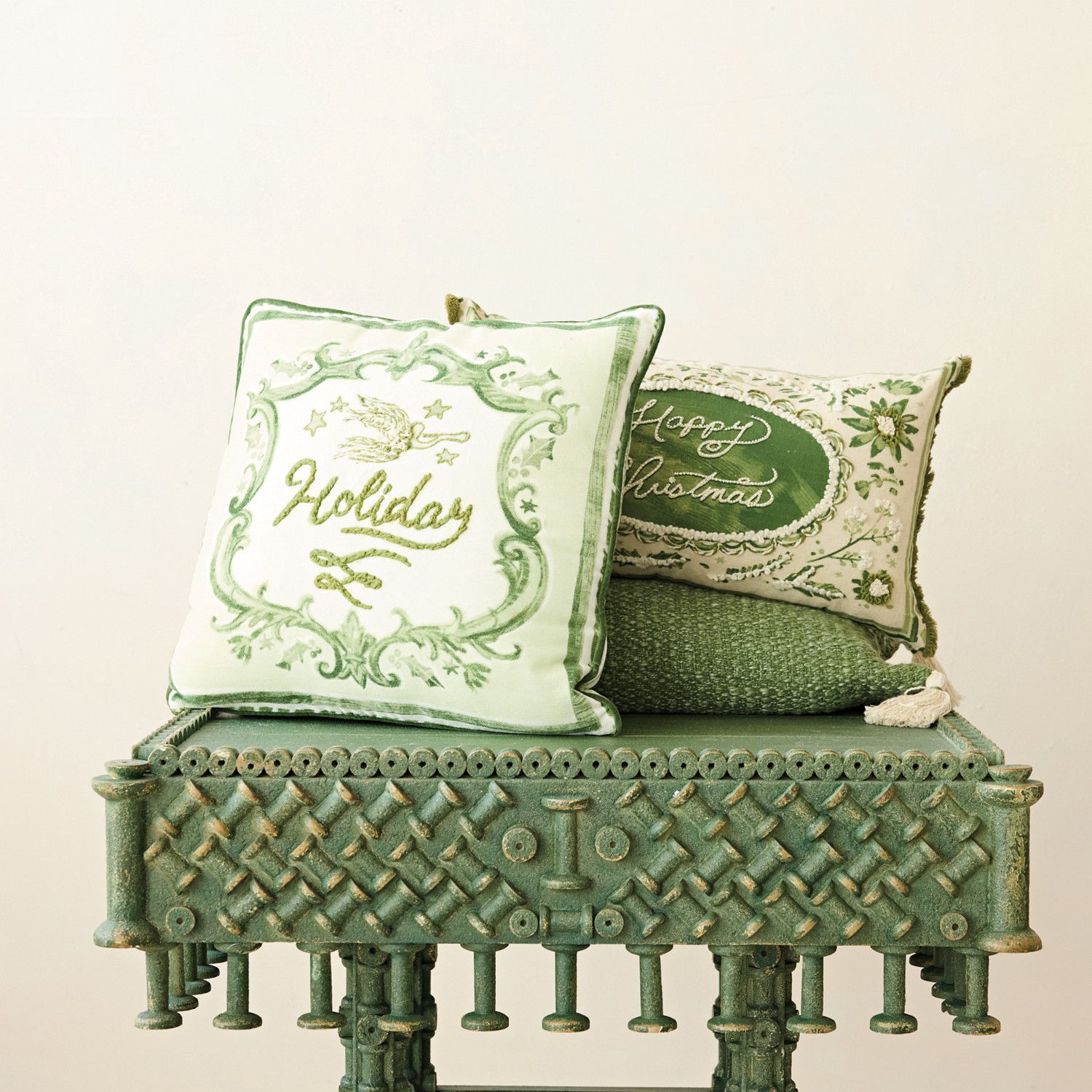Cotton &amp; Linen Lumbar Pillow with Embroidery, Beads &amp; Eyelash Fringe ©