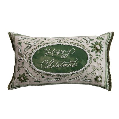 Cotton &amp; Linen Lumbar Pillow with Embroidery, Beads &amp; Eyelash Fringe ©