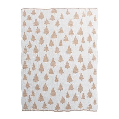 Cotton Knit Throw with Trees &amp; Metallic Gold Thread, Cream Color