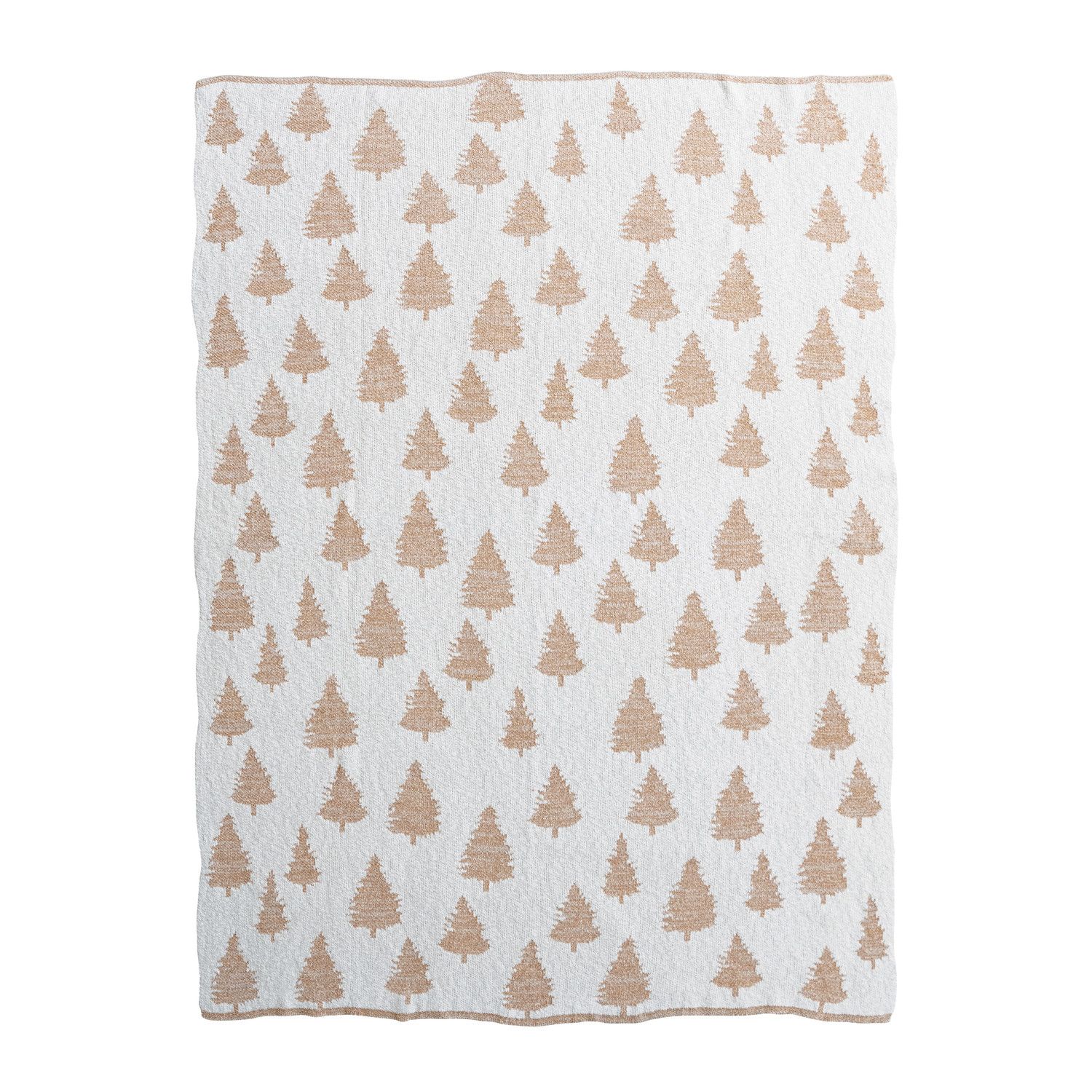 Cotton Knit Throw with Trees &amp; Metallic Gold Thread, Cream Color